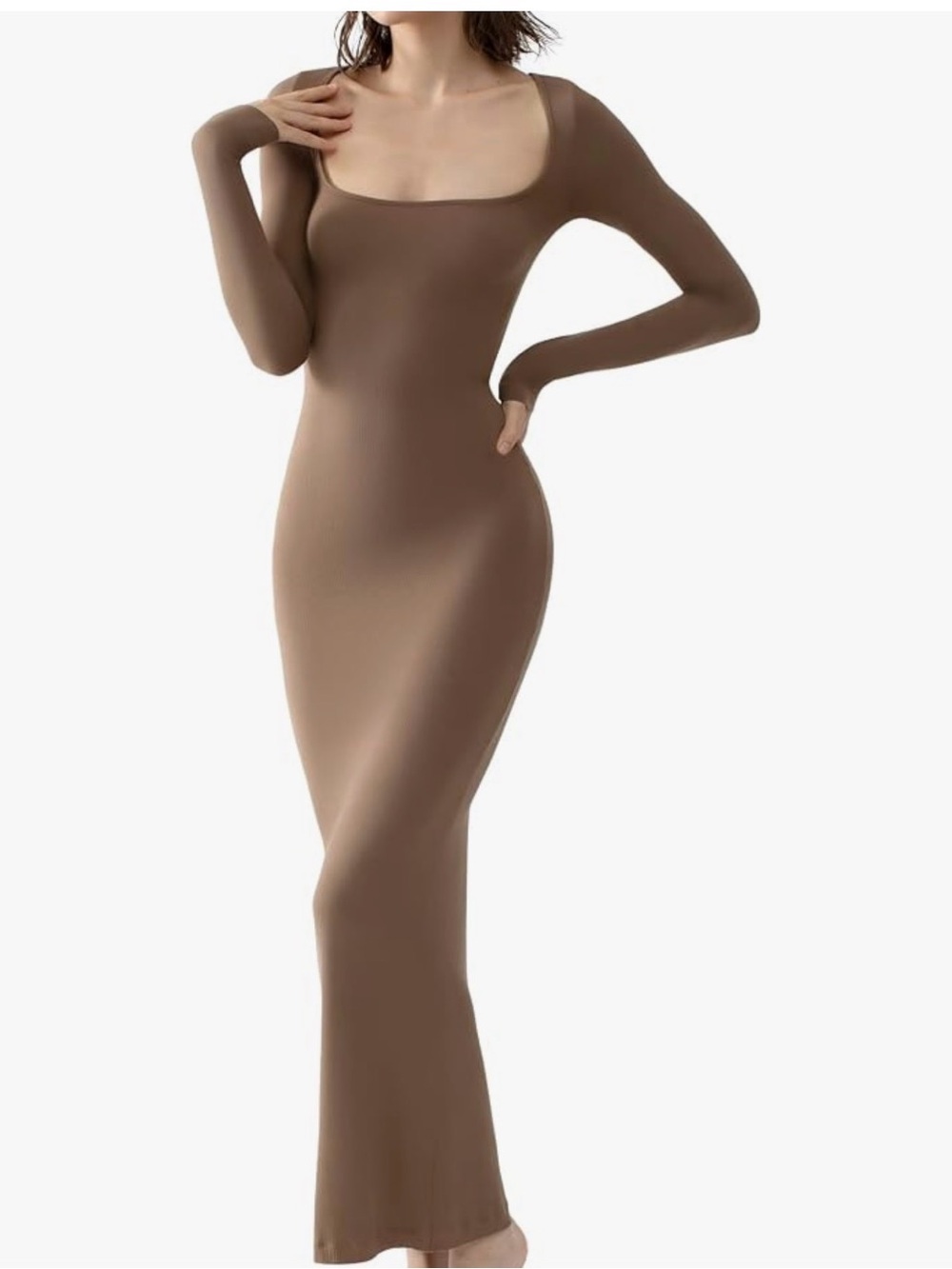 Square Neck Long Sleeve Slip Dress in Brown